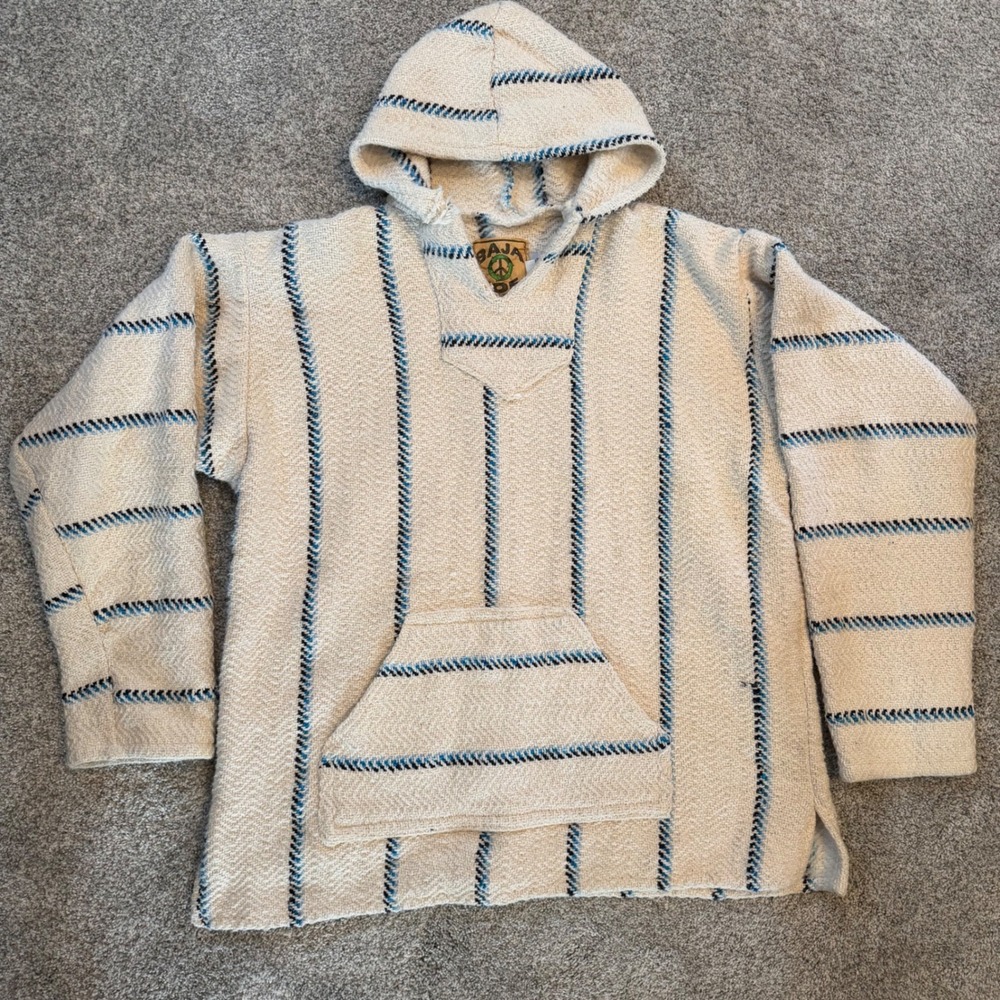 Baja Joe Mexican Drug Rug Hoodie Cream Blue Striped Woven Pullover Mens Medium